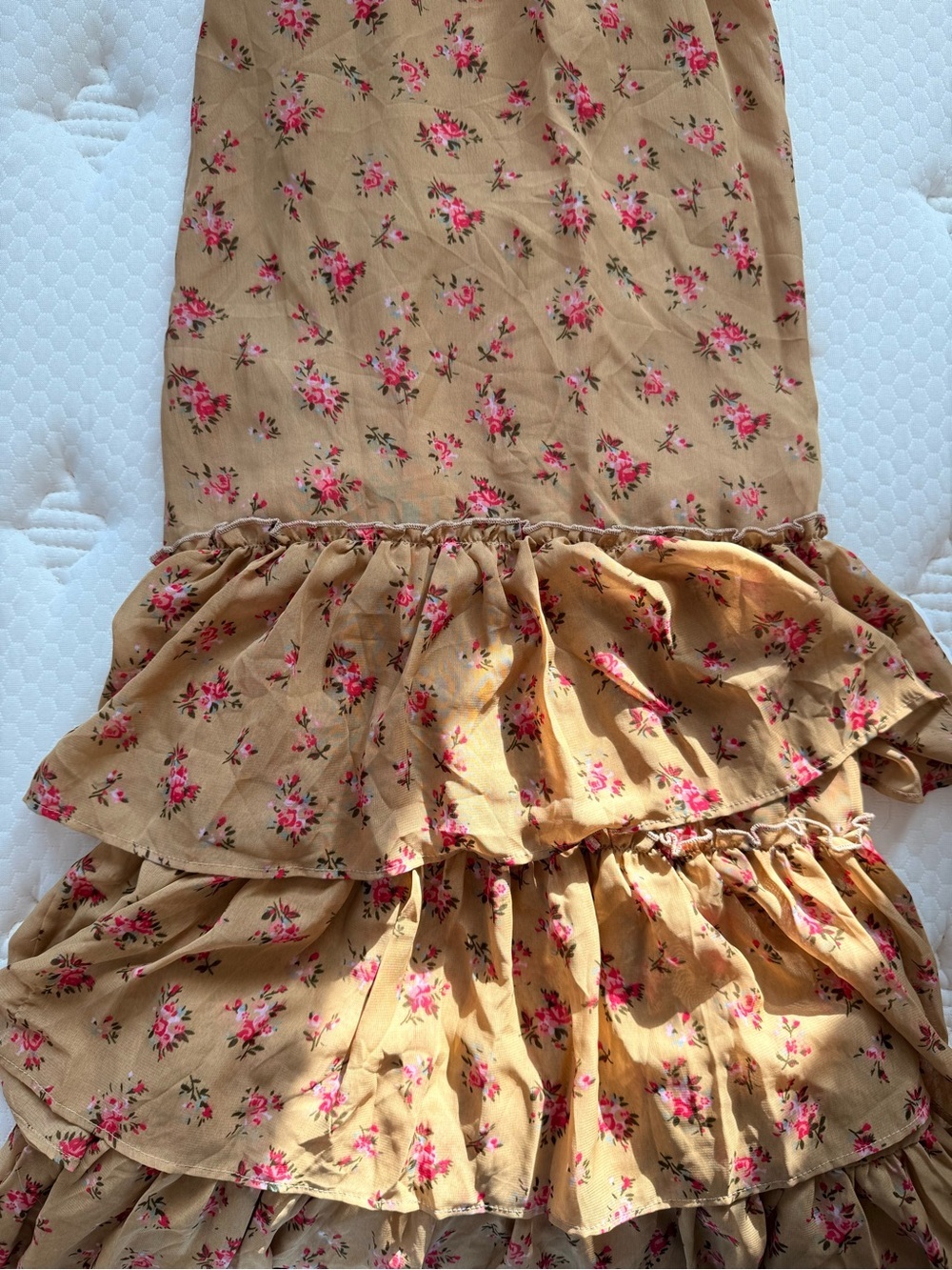 Floral Ruffle Maxi Dress in Mustard with Pink Blooms coquette fairy - Picture 3 of 6
